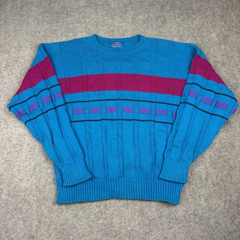 Vintage Pendleton Lobo Sweater Mens Large Blue Pink Colorblock Preppy Cable Knit